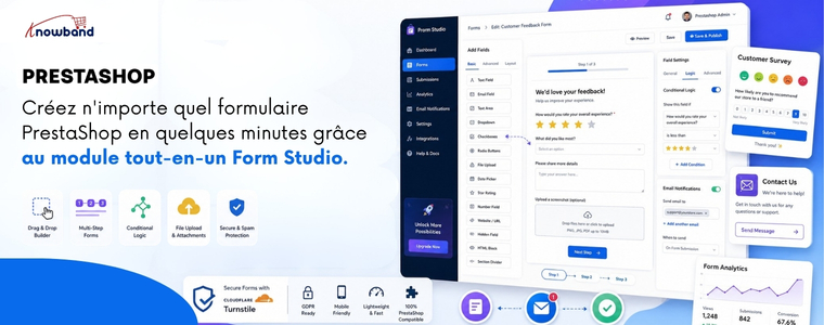 Créez des formulaires PrestaShop personnalisés en quelques minutes grâce à Form Studio, le module de création de formulaires tout-en-un de Knowband.