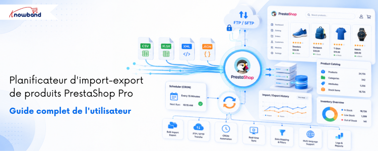 Bannière de PrestaShop Product Import Export Scheduler Pro présentant la gestion automatisée de l’import/export des produits et catégories avec planification.