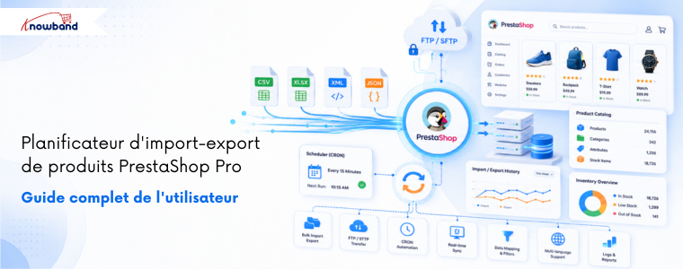 Bannière de PrestaShop Product Import Export Scheduler Pro présentant la gestion automatisée de l’import/export des produits et catégories avec planification.