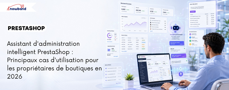 Bannière de PrestaShop Smart Admin Assistant illustrant l'analyse de données de la boutique par IA, les vues de base de données et la gestion intelligente du back-office.