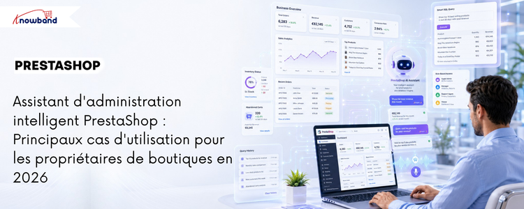 Bannière de PrestaShop Smart Admin Assistant illustrant l'analyse de données de la boutique par IA, les vues de base de données et la gestion intelligente du back-office.