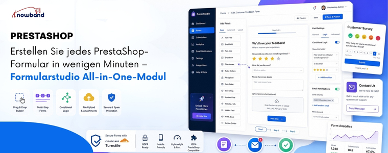 Erstellen Sie in wenigen Minuten maßgeschneiderte PrestaShop-Formulare – mit dem All-in-One-Formular-Builder-Modul „Knowband Form Studio“.