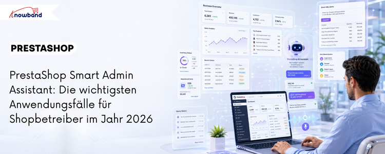 Banner des PrestaShop Smart Admin Assistant, das KI-gestützte Shop-Analysen, Datenbankansichten und intelligentes Backoffice-Management zeigt.