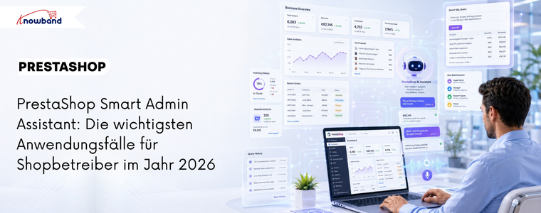 Banner des PrestaShop Smart Admin Assistant, das KI-gestützte Shop-Analysen, Datenbankansichten und intelligentes Backoffice-Management zeigt.