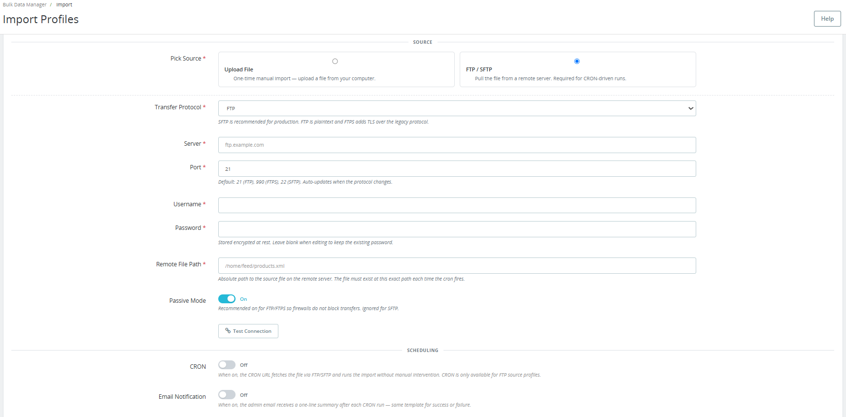 FTP/SMTP Import profile settings under the Import Profile section of the PrestaShop Automated Catalog Manager.