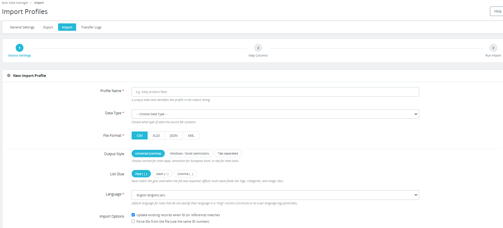 New profile settings in the Import Profile section of the PrestaShop Automated Catalog Manager.