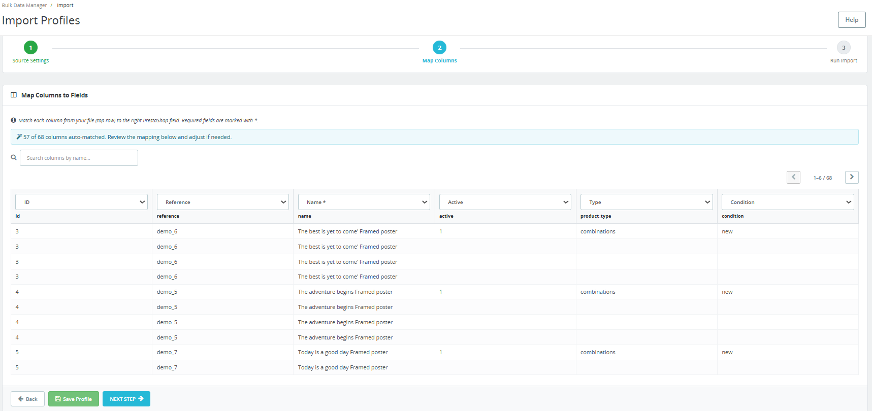Mapping settings under the Import Profile section of the PrestaShop Automated Catalog Manager.