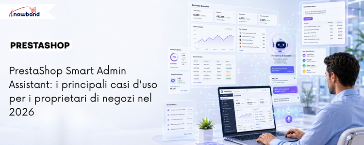 Banner di PrestaShop Smart Admin Assistant che mostra le analisi del negozio basate sull'IA, le viste del database e la gestione intelligente del back office.