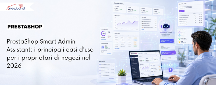Banner di PrestaShop Smart Admin Assistant che mostra le analisi del negozio basate sull'IA, le viste del database e la gestione intelligente del back office.