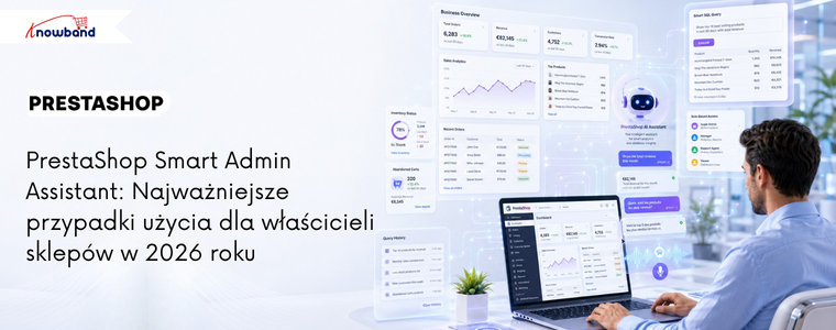 Baner PrestaShop Smart Admin Assistant prezentujący analitykę sklepu wspieraną przez AI, widoki bazy danych oraz inteligentne zarządzanie panelem administracyjnym.