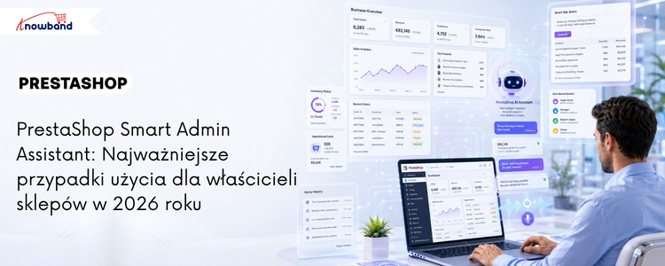Baner PrestaShop Smart Admin Assistant prezentujący analitykę sklepu wspieraną przez AI, widoki bazy danych oraz inteligentne zarządzanie panelem administracyjnym.