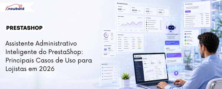 Banner do PrestaShop Smart Admin Assistant exibindo análises da loja impulsionadas por IA, visualizações de banco de dados e gestão inteligente do back office.