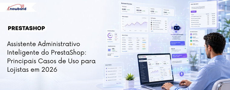 Banner do PrestaShop Smart Admin Assistant exibindo análises da loja impulsionadas por IA, visualizações de banco de dados e gestão inteligente do back office.