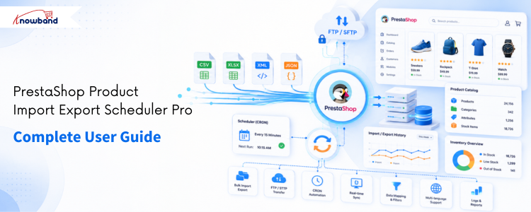 PrestaShop Product Import Export Scheduler Pro banner showing automated product and category import export management with scheduling support