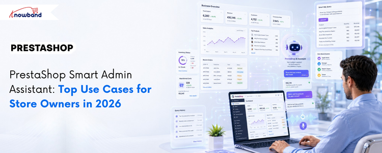 PrestaShop Smart Admin Assistant banner showing AI-powered store analytics, database views, and smart back office management