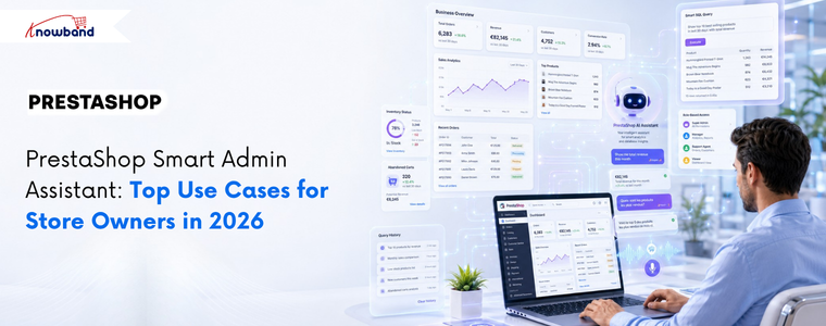 PrestaShop Smart Admin Assistant banner showing AI-powered store analytics, database views, and smart back office management
