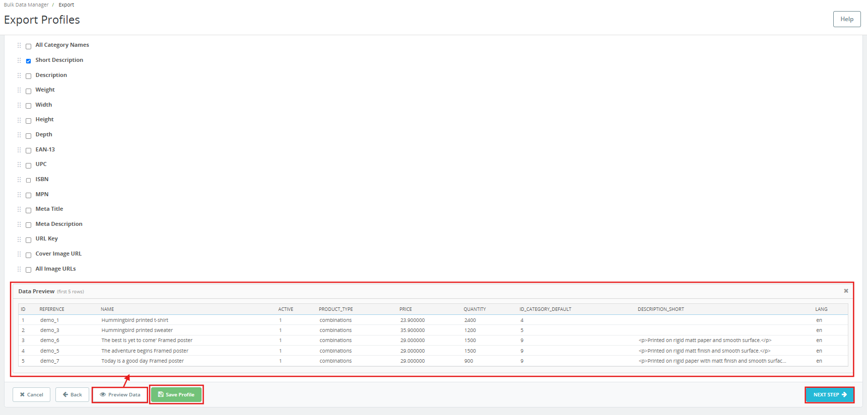 Preview Profile Section under the Export section of the PrestaShop Bulk Import Export Module.