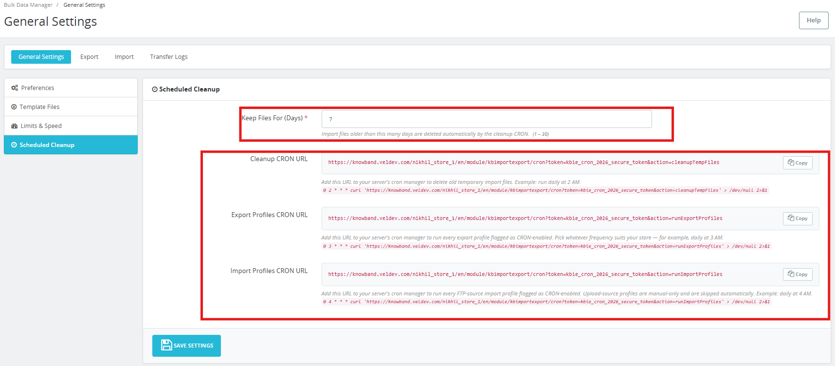 Cron scheduler settings under general settings of the PrestaShop Product Import Export Scheduler Pro.