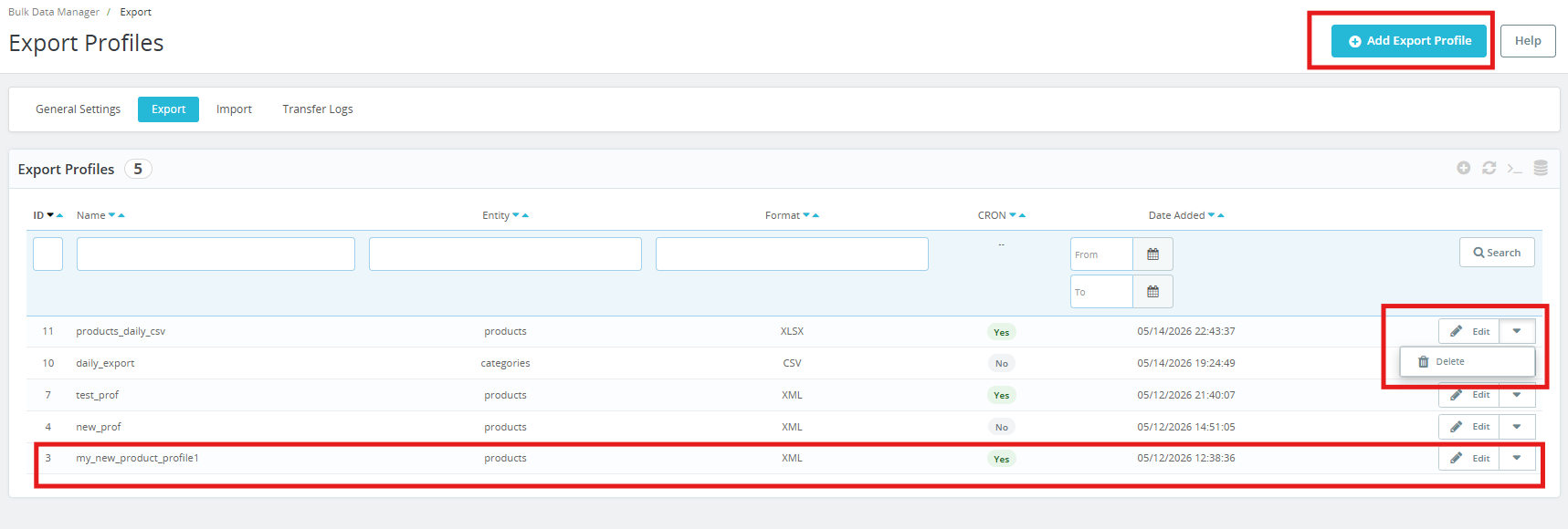 Export section of the PrestaShop Bulk Import Export Module.