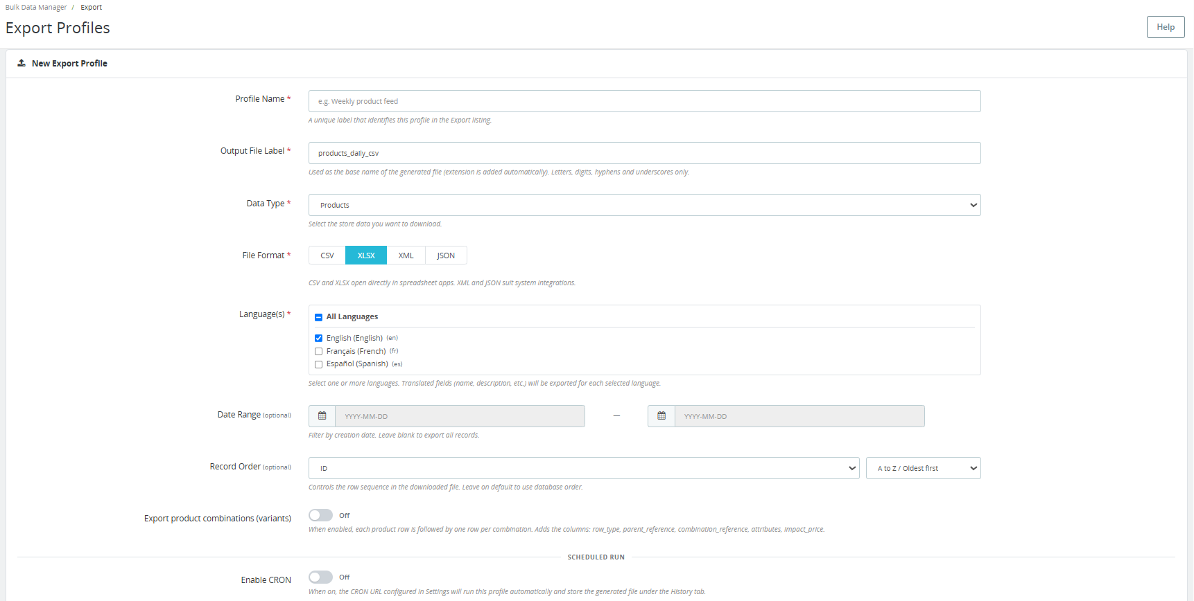 Transfer Settings of the PrestaShop Bulk Import Export Module under export settings.