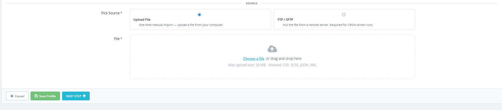 Upload File settings under the Import Profile section of the PrestaShop Automated Catalog Manager.
