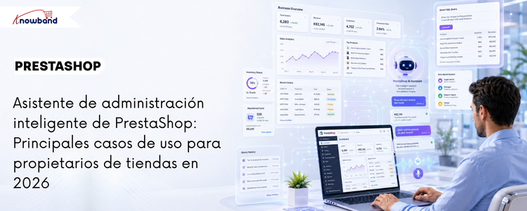 Banner del Asistente de Administración Inteligente para PrestaShop, mostrando análisis de la tienda impulsados ​​por IA, vistas de la base de datos y una gestión inteligente del *back office*.