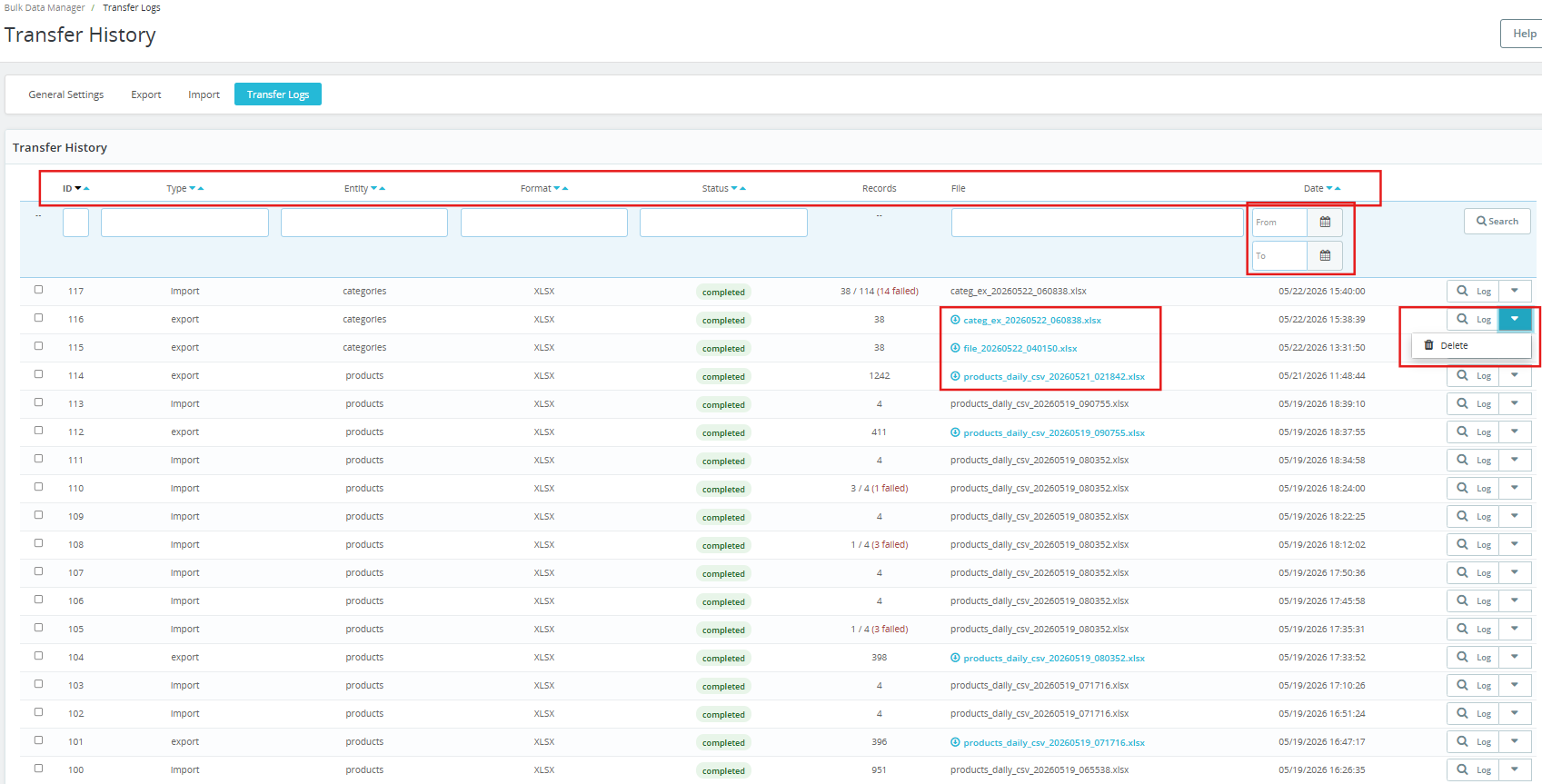 Transfer log section under in the PrestaShop Automated Catalog Manager.
