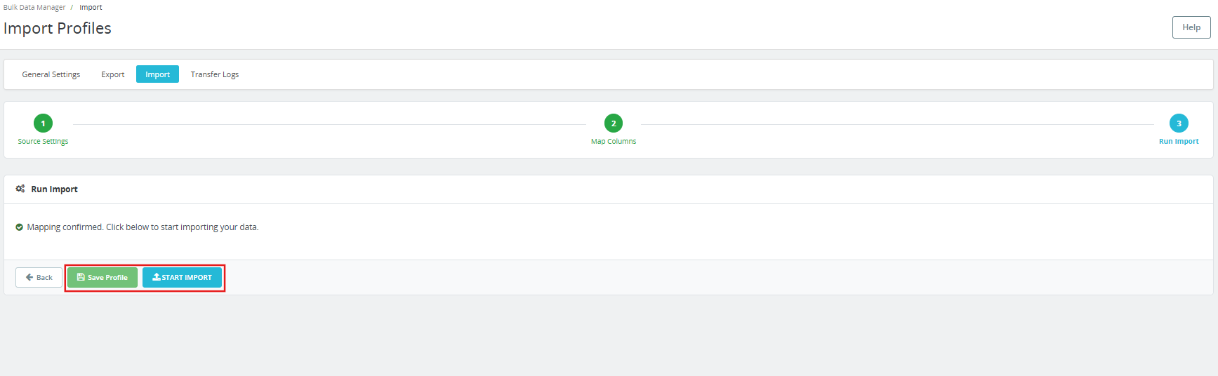 Run import section under the Import Profile section of the PrestaShop Automated Catalog Manager.