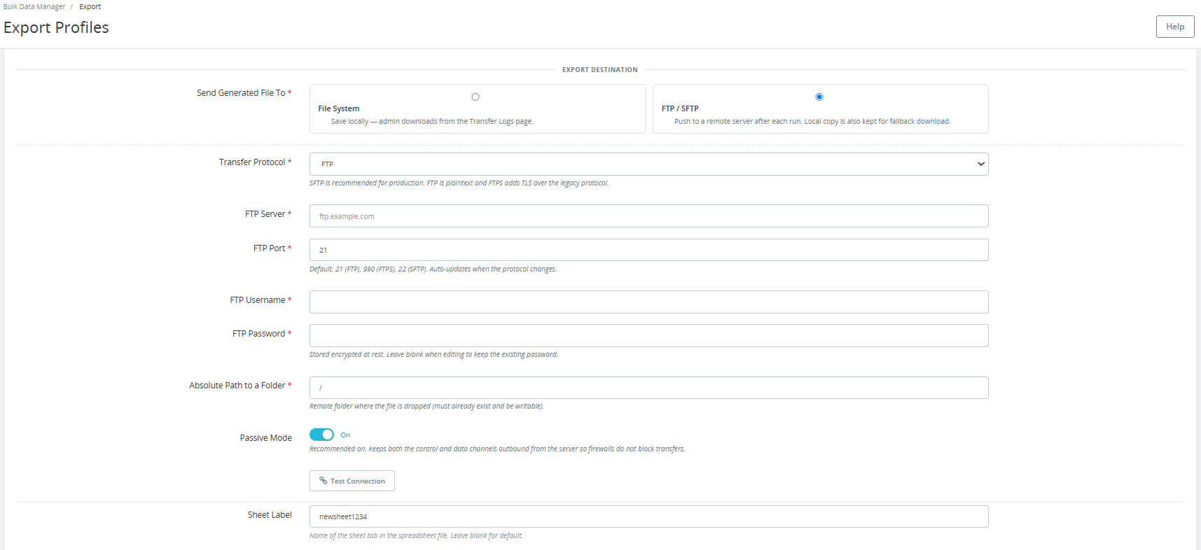 ftp credentials under the Export section of the PrestaShop Bulk Import Export Module.