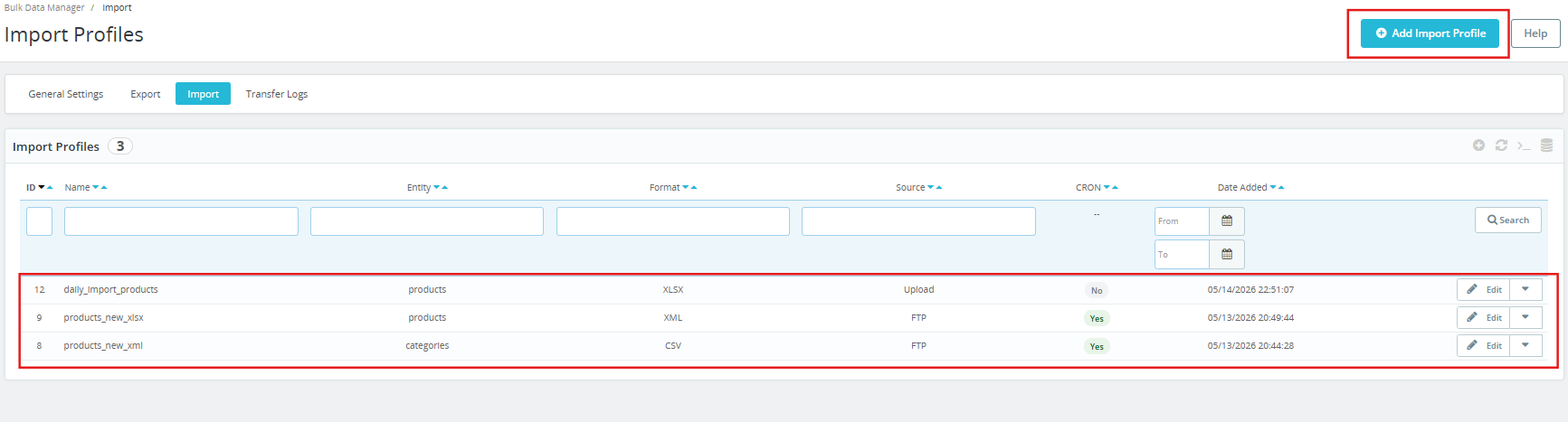 Import Profile section of the PrestaShop Automated Catalog Manager.