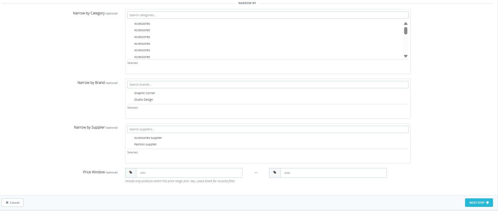 Narrow by option under the Export section of the PrestaShop Bulk Import Export Module.