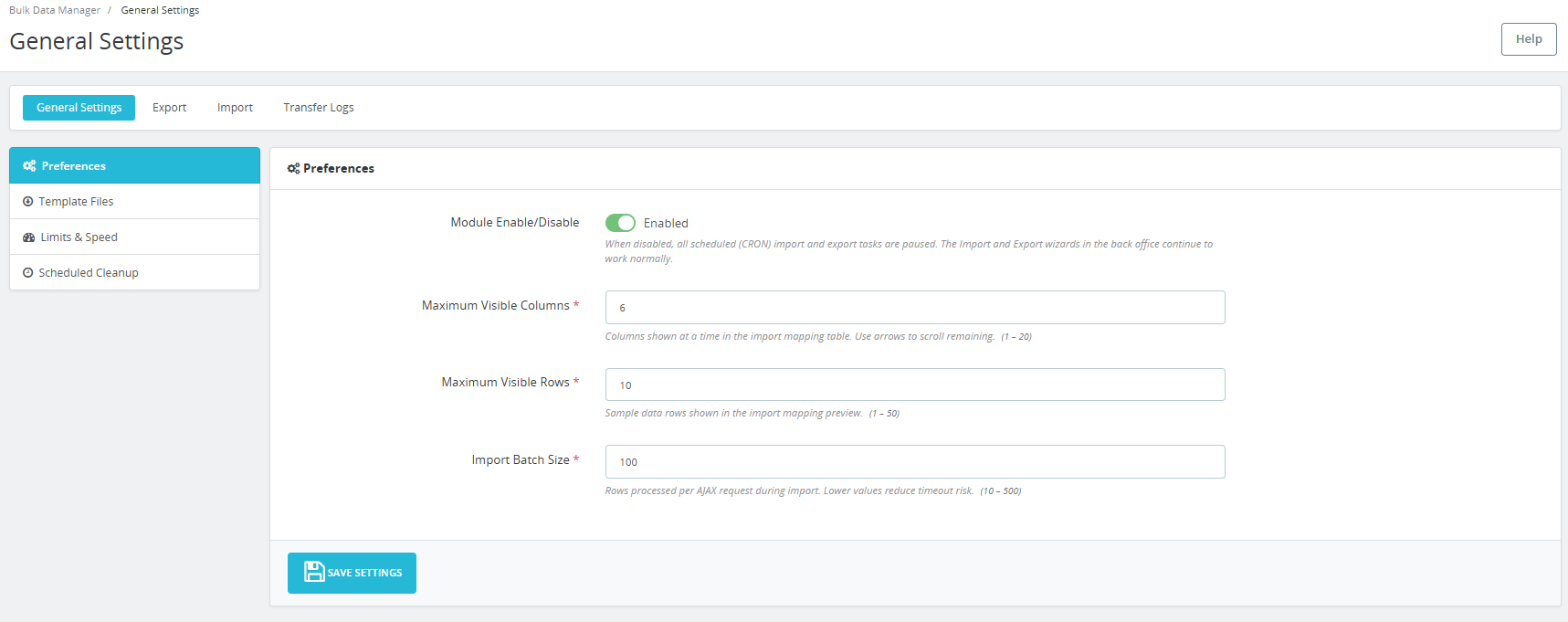 General settings of the PrestaShop Product Import Export Scheduler Pro.