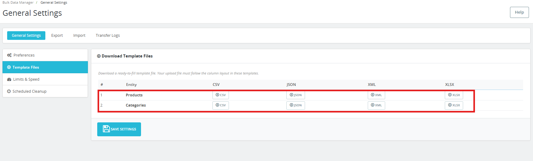 Template file selection under the general settings of the PrestaShop Product Import Export Scheduler Pro.