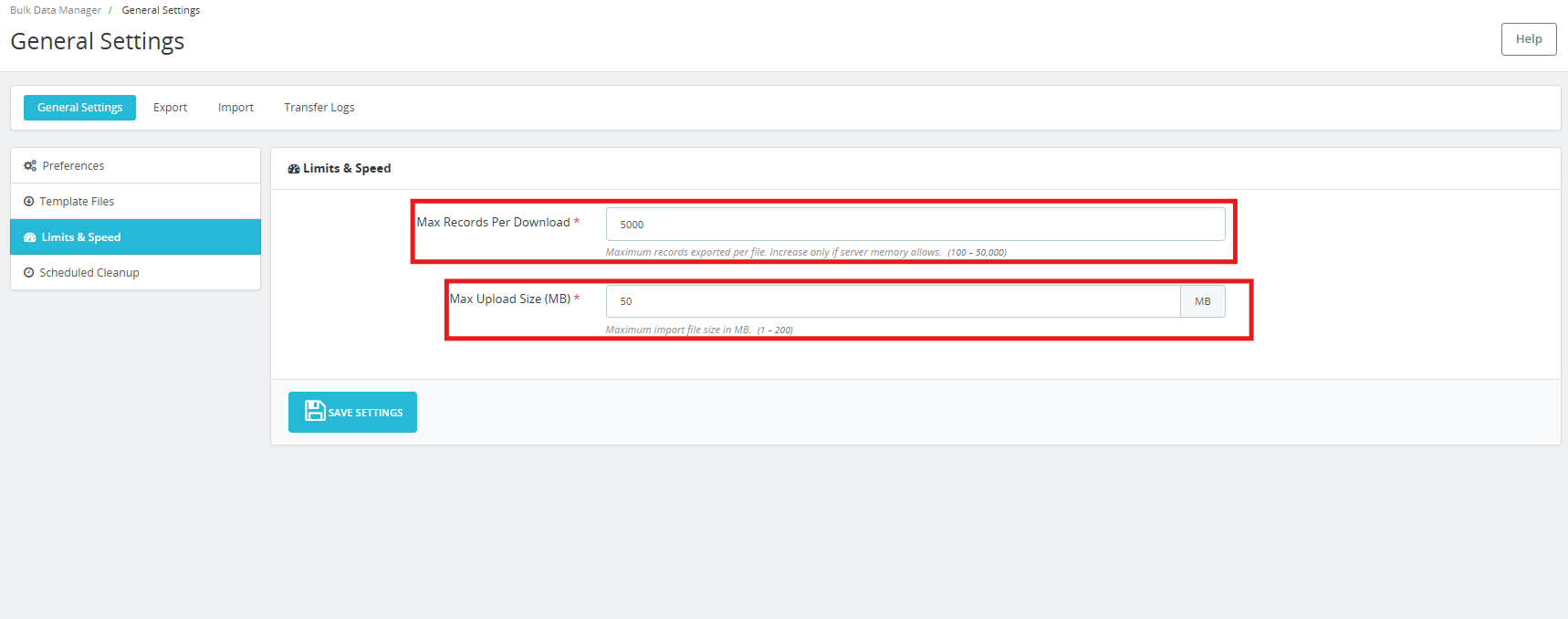 Limits and speed customization under the general settings of the PrestaShop Product Import Export Scheduler Pro.