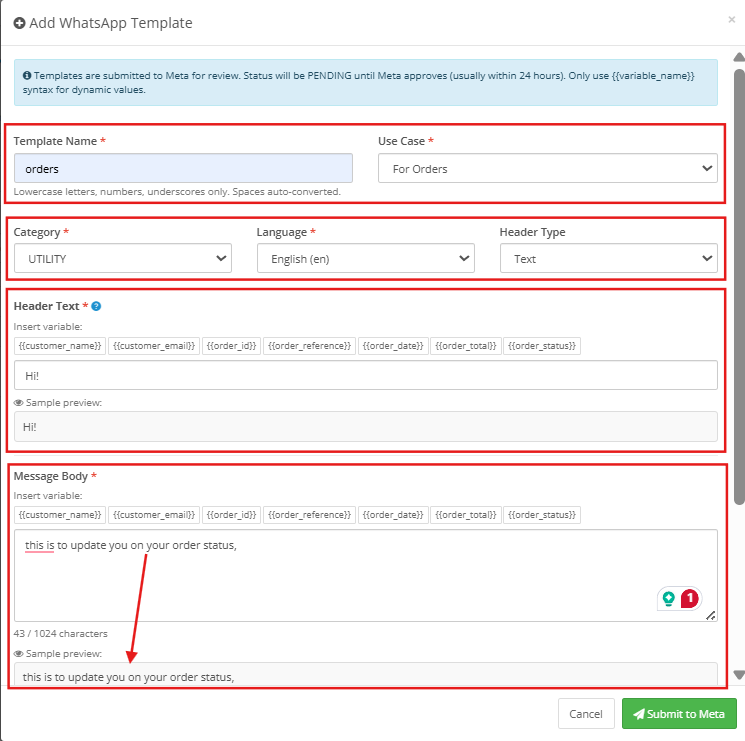 Template settings of the OpenCart WhatsApp CRM and Order Notification Extension