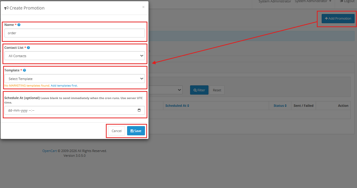 promotion settings under the OpenCart WhatsApp CRM and Order Notification Extension
