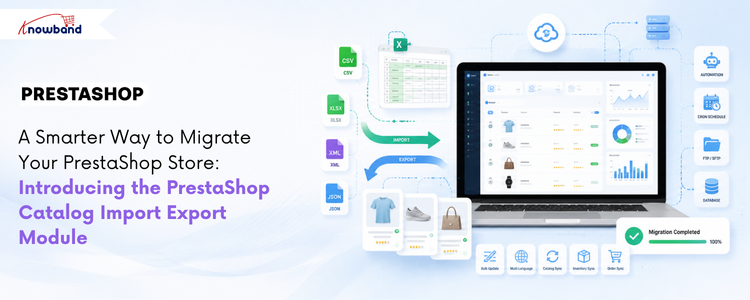 Knowband PrestaShop Catalog Import Export Module banner illustrating automated catalog migration between PrestaShop stores with support for CSV, XLSX, JSON, XML, FTP/SFTP transfers, profile management, cron scheduling, transfer logs, and seamless bulk import export operations.
