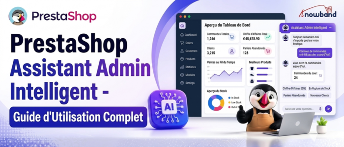 Tableau de bord de l'assistant d'administration PrestaShop Smart AI affichant des analyses de boutique basées sur l'IA, des rapports de ventes, des données d'inventaire et des requêtes en langage naturel.