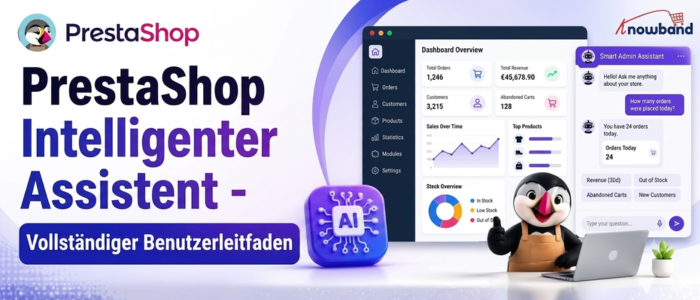 Das Dashboard des PrestaShop Smart AI Admin Assistant bietet KI-gestützte Shop-Analysen, Verkaufsberichte, Einblicke in den Lagerbestand sowie Datenabfragen in natürlicher Sprache.