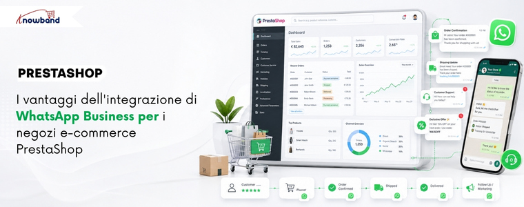 Modulo CRM WhatsApp per PrestaShop: notifiche automatiche degli ordini, assistenza clienti, live chat e campagne di marketing per i negozi PrestaShop.