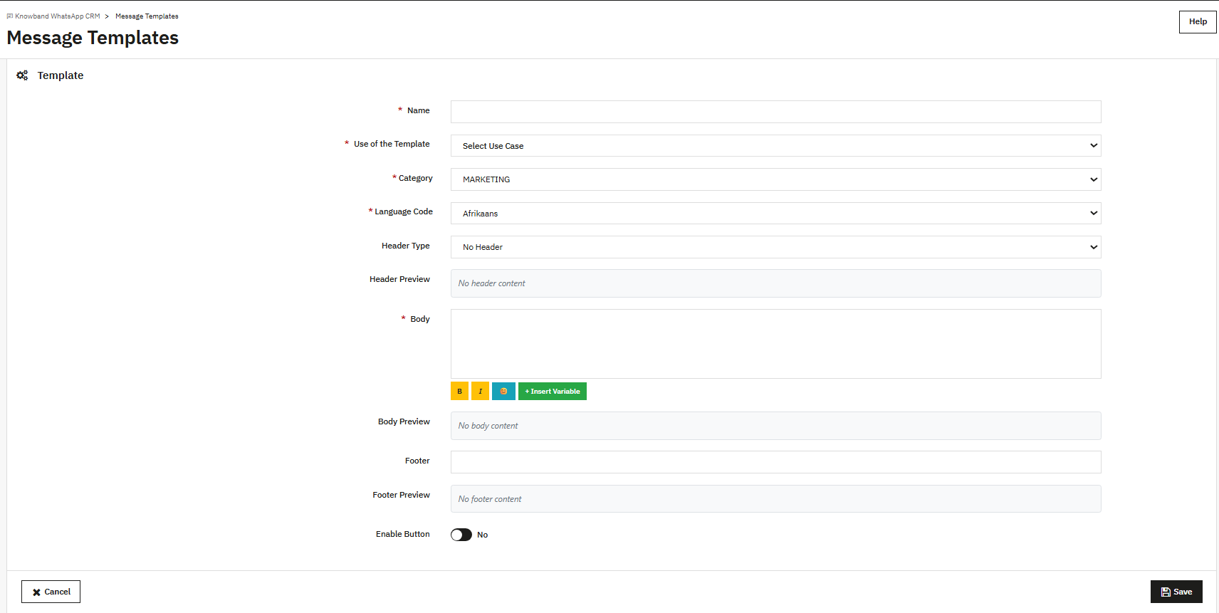 Message template customization settings of the PrestaShop WhatsApp CRM Module.