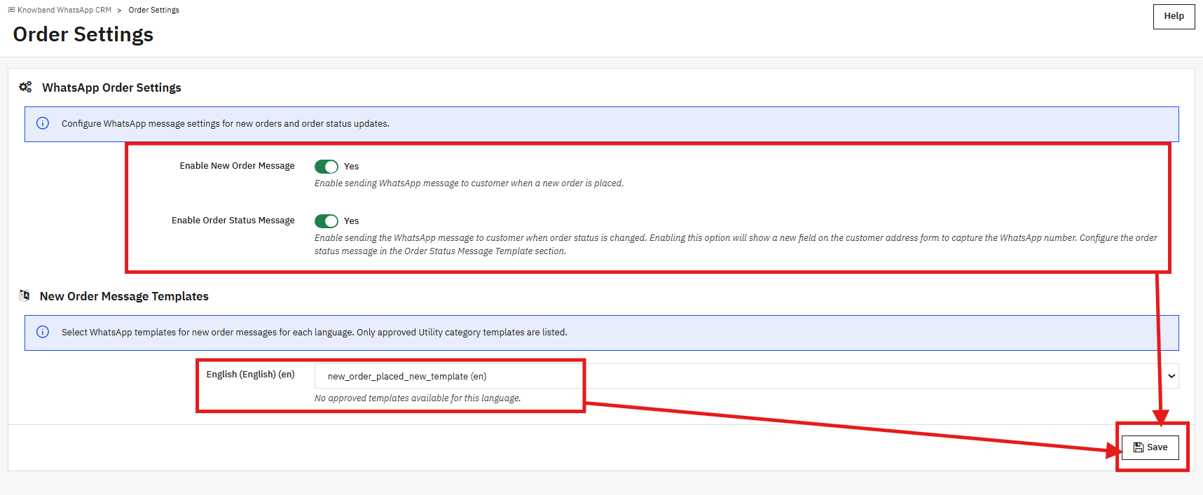 Order Settings of the PrestaShop Whatsapp CRM Module.