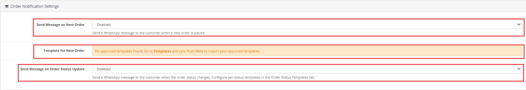 Order notification settings of the OpenCart WhatsApp CRM Extension