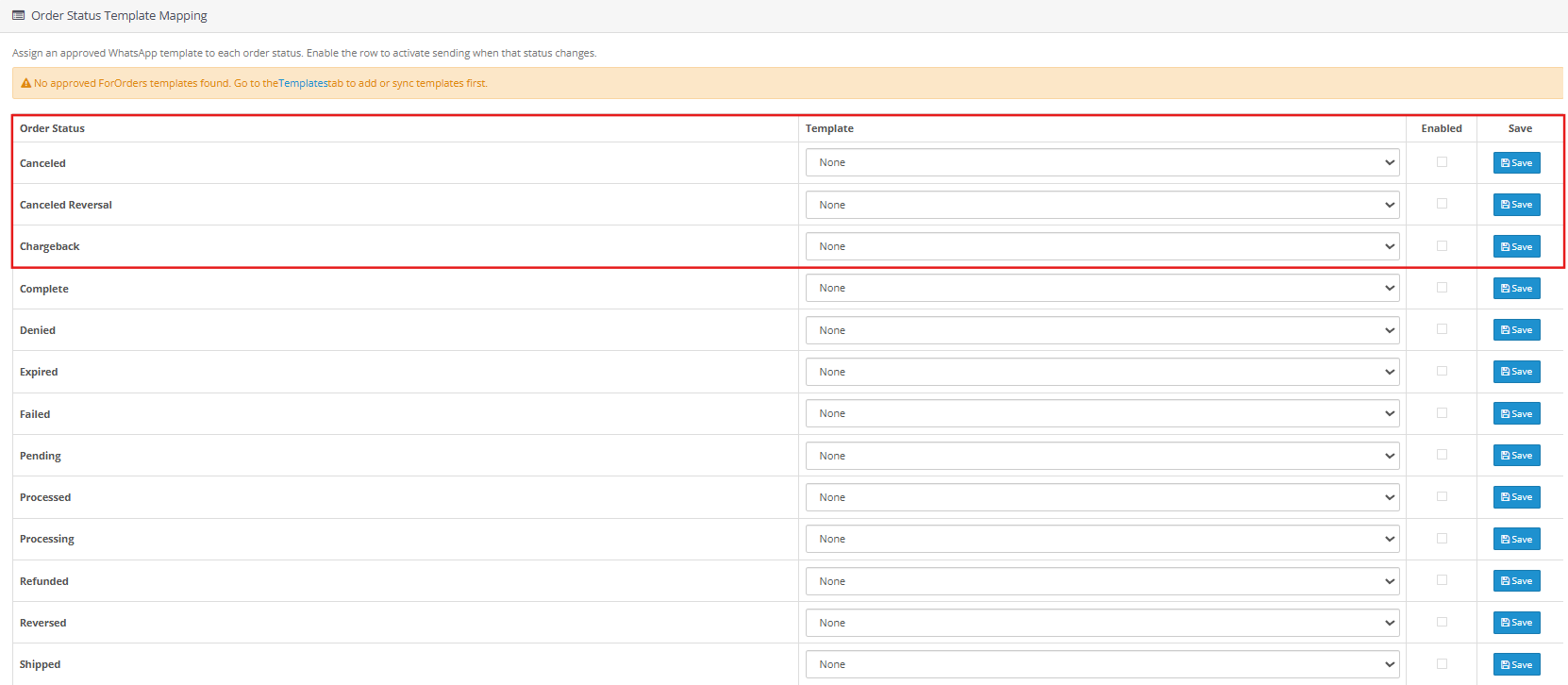 Order status trigger settings of the OpenCart WhatsApp CRM Extension
