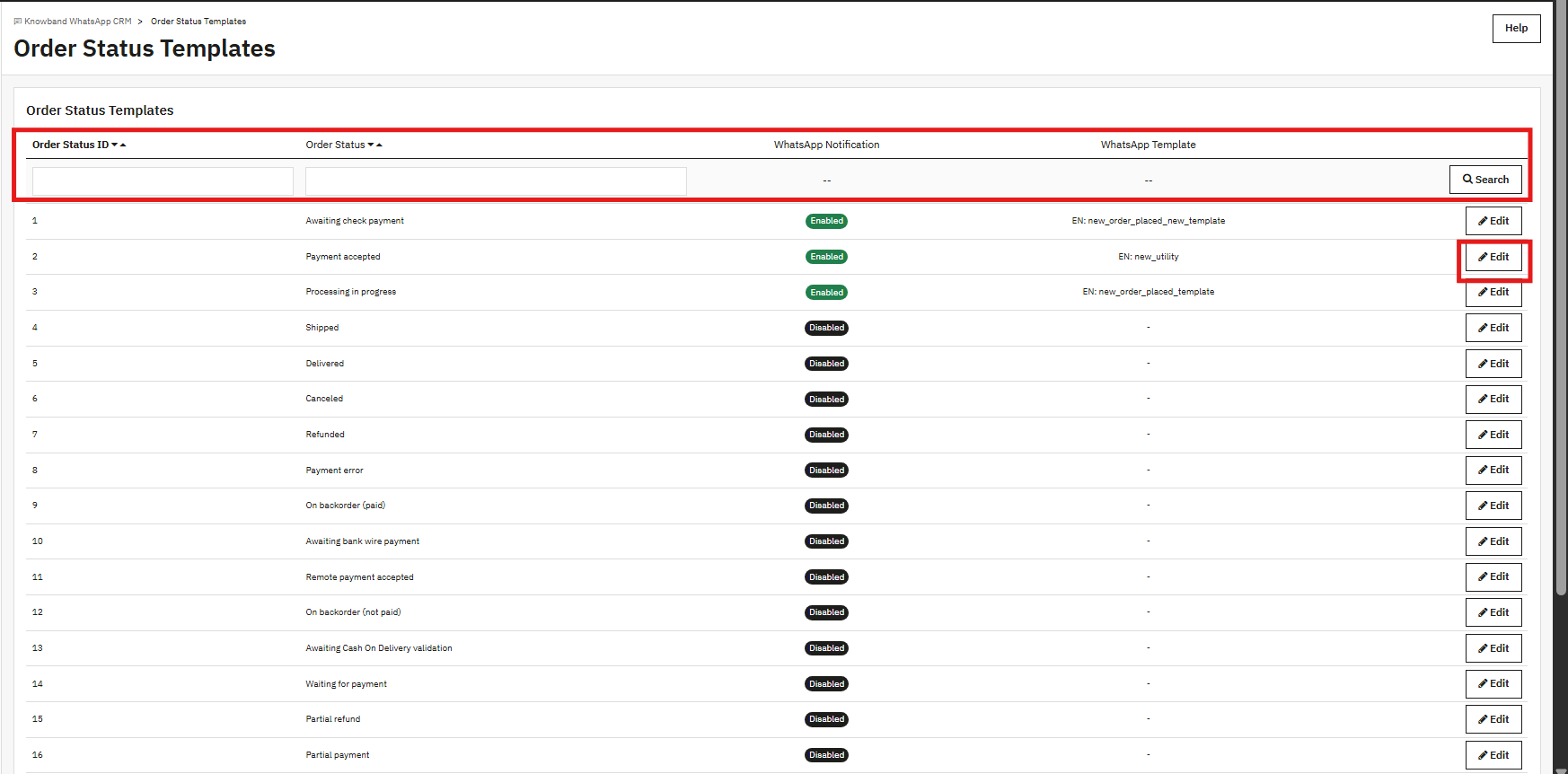 Order template settings.
