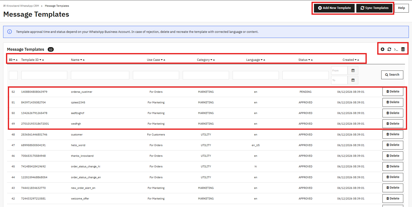 Overview of the message template settings.