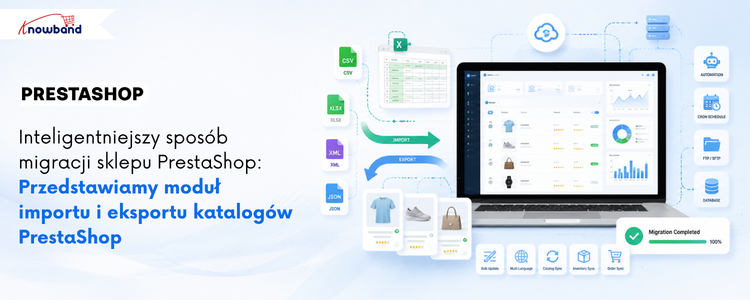 Baner modułu importu i eksportu katalogu PrestaShop od Knowband, ilustrujący automatyczną migrację katalogu między sklepami PrestaShop. Moduł obsługuje formaty CSV, XLSX, JSON i XML, transfery FTP/SFTP, zarządzanie profilami, harmonogramowanie zadań cron, logi transferu oraz płynne operacje masowego importu i eksportu.