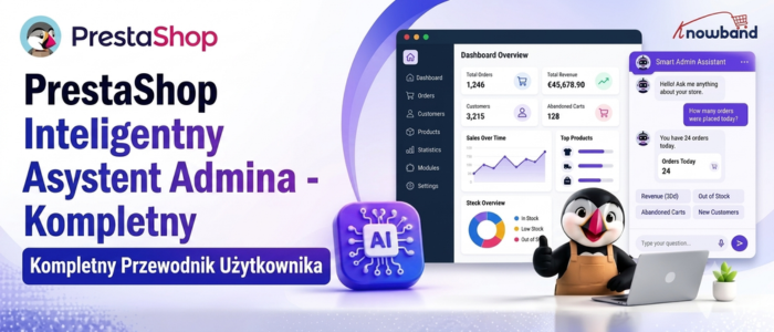 Panel PrestaShop Smart AI Admin Assistant prezentujący analitykę sklepu opartą na sztucznej inteligencji, raporty sprzedaży, informacje o stanach magazynowych oraz możliwość zadawania pytań dotyczących danych w języku naturalnym.