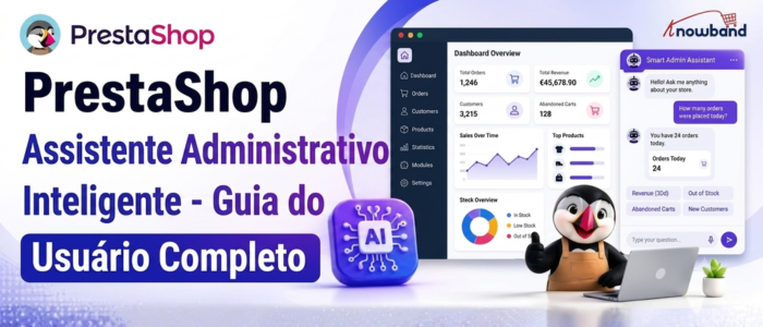 Painel do PrestaShop Smart AI Admin Assistant exibindo análises da loja impulsionadas por IA, relatórios de vendas, insights de estoque e consultas de dados em linguagem natural.
