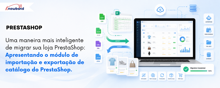Banner do Módulo de Importação e Exportação de Catálogo PrestaShop da Knowband, ilustrando a migração automatizada de catálogos entre lojas PrestaShop com suporte para CSV, XLSX, JSON, XML, transferências FTP/SFTP, gerenciamento de perfis, agendamento via cron, logs de transferência e operações fluidas de importação e exportação em massa.